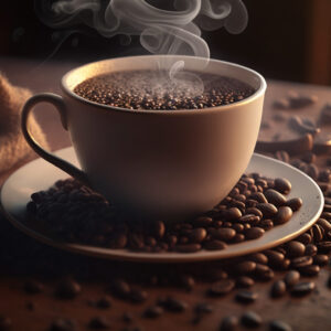close up coffee cup on wooden table, steam rising ,generative ai
